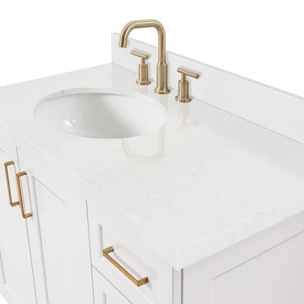 Taylor White Quartz Single Basin Freestanding Vanity with Gold Hardware