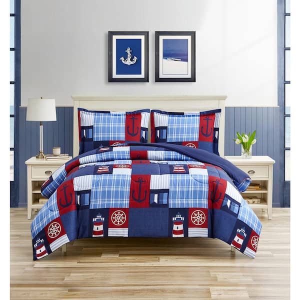 HOME RETREAT Nautical Patch 3-Piece Blue Ultra Soft Microfiber Full/Queen Comforter Bedding Set