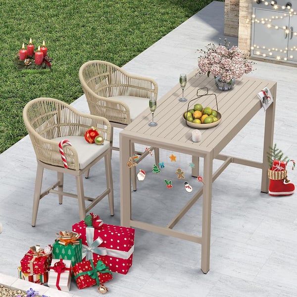 Modern Aluminum Rattan Counter Height Outdoor Bar Stool with Back and Beige Cushion (2-Pack)