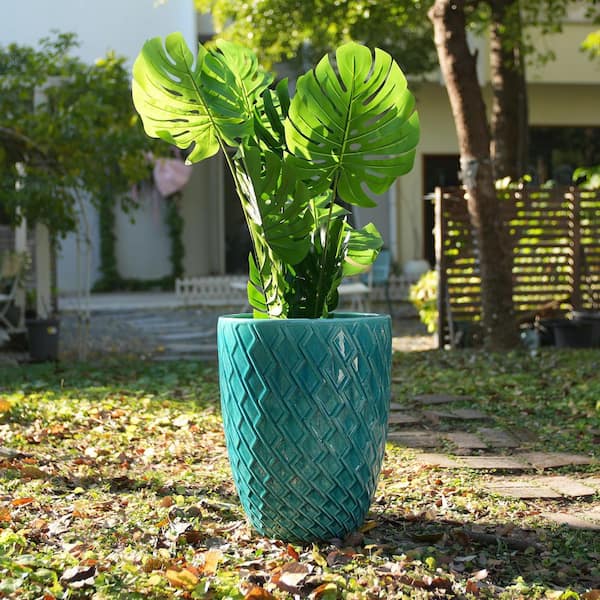 1-Piece 21.26 in. H Handmade Round Cyan Blue Ceramic Planter with Diamond Pattern for Indoor Outdoor Use
