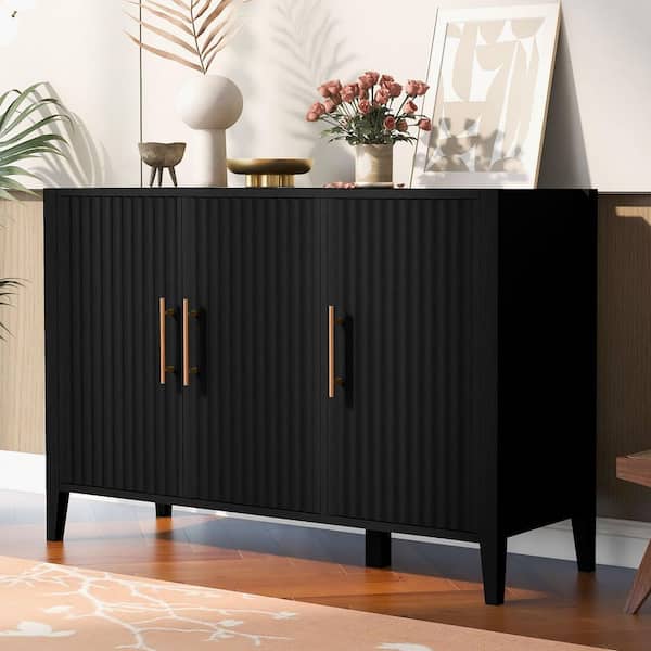 Harper & Bright Designs Black Wood 48 in. Featured Three-door Sideboard with Metal Handles, Suitable for Corridors, Entrances, Living rooms