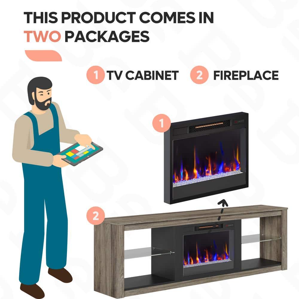 Wash Grey Electric Fireplace TV Stand with LED Lights for 75" TV