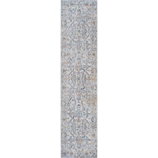 Light Gray/Blue 2 ft. x 8 ft. Brandy Rustic Border Low-Pile Machine-Washable Runner Rug