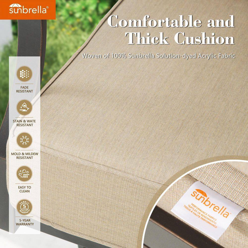 Close-up of a beige Sunbrella cushion showing its woven texture and brand label.