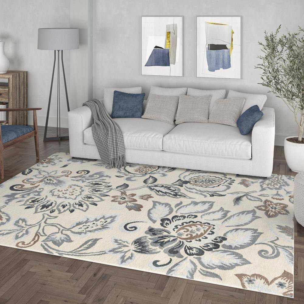 Madison Cream Floral Rectangular Synthetic Area Rug 2x3
