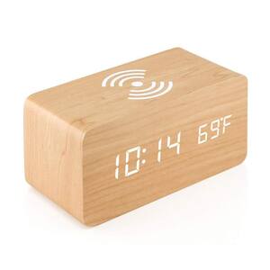 Wood Brown LED Digital Alarm Clock with Qi Wireless Charging, Sound Control, Date, Temperature Display, Table Clock
