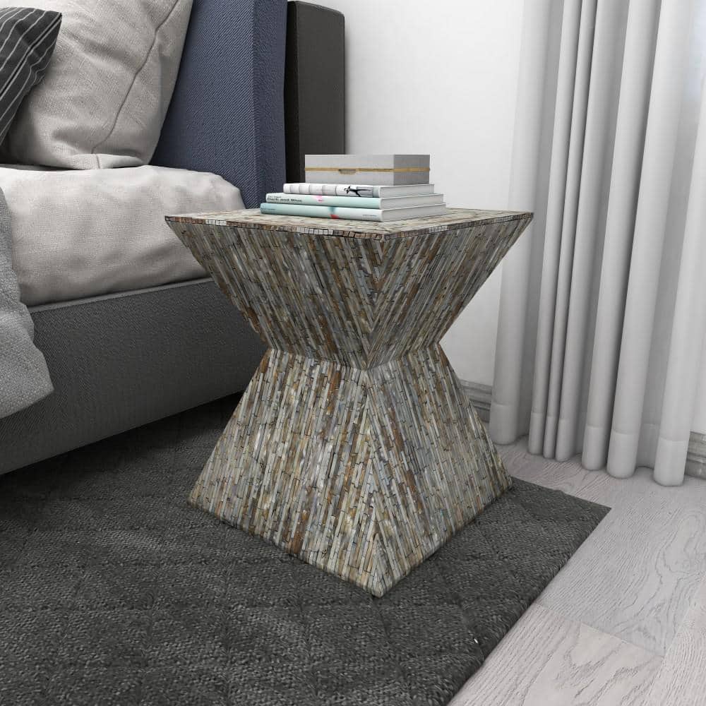 Handcrafted Shell Inlay Wooden Accent Table - Black and Gray