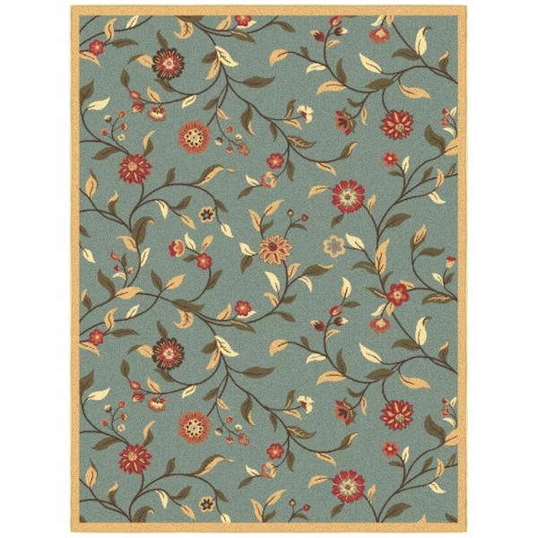 Ottohome Collection Non-Slip Rubberback Floral Leaves 5x7 Indoor Area Rug, 5 ft. x 6 ft. 6 in., Dark Seafoam Green