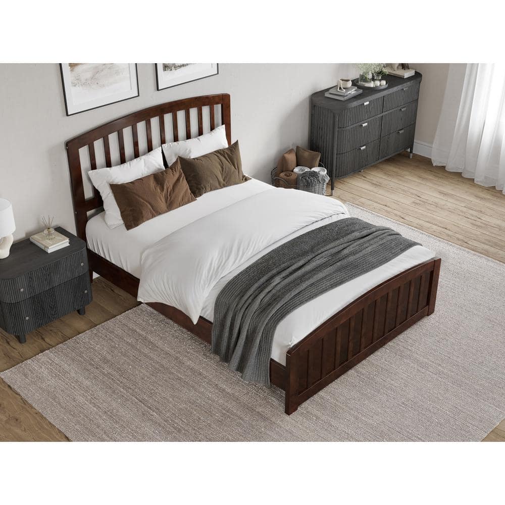 Quincy Walnut Full Solid Wood Low Profile Platform Bed with Slatted Headboard