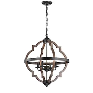 Berta 4-Light Antique Black Metal and Brown Natural Wood Farmhouse Orb Chandelier for Kitchen Island Foyer Bedroom