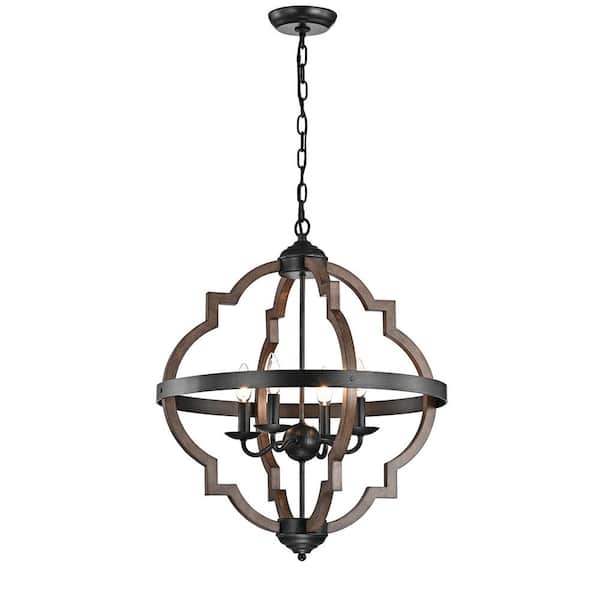 Jojospring Berta 4-Light Antique Black Metal and Brown Natural Wood Farmhouse Orb Chandelier for Kitchen Island Foyer Bedroom