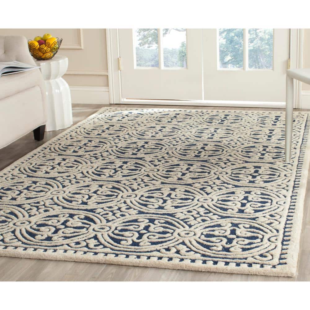Ivory and Navy Blue Hand-Tufted Wool Geometric Square Rug