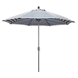 9 ft. Hammertone Grey Aluminum Market Patio Umbrella with Push Button Tilt Crank Lift in Navy White Cabana Stripe Olefin