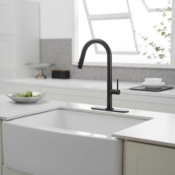 Single Handle Pull Down Sprayer Kitchen Faucet, Sing Hole Kitchen Sink Faucet with Plate in Matte Black