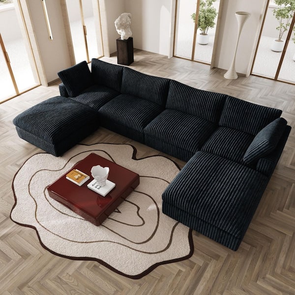 157.48 in. Rabbit Plush Fabric Square Arm 6-Piece Modular Free Combination Sectional Sofa in Black