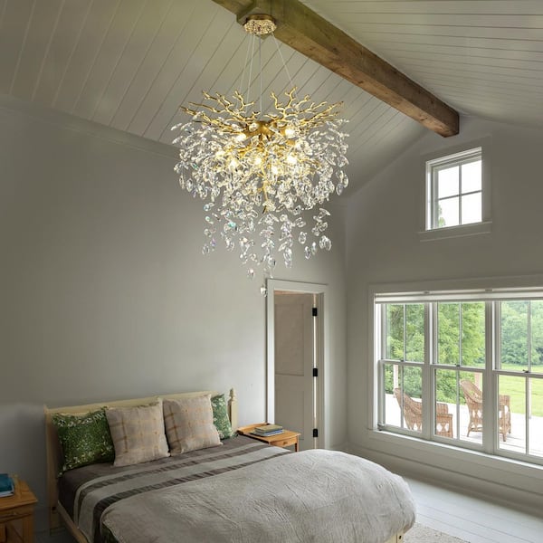 24 in. 8-Light Gold Tree Branch Chandelier Modern Crystal Chandelier for Dining Room Living Room Kitchen Bedroom