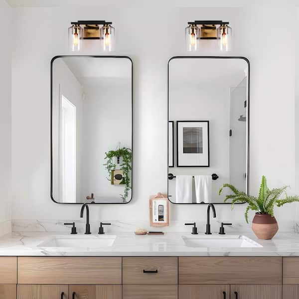 Modern 12 in. 2-Light Brass Gold Bathroom Wall Sconces, Seeded Glass Bath Lighting, Transitional Black Vanity Light