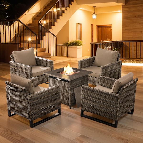 Gymojoy Valenta Gray 5-Piece Outdoor Rattan Deep Seating Set Wicker Patio Conversation Lounge Chair Set with Gray Cushion