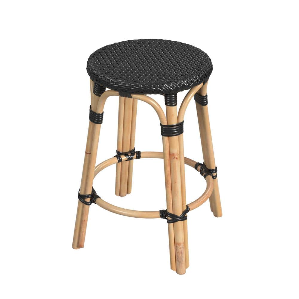 24" Black and Natural Rattan Backless Counter Stool