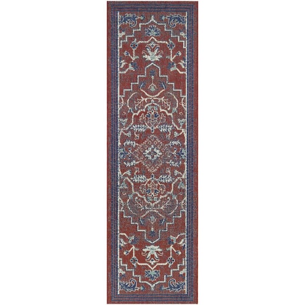 Hampton Bay Red 2 ft. x 7 ft. Runner Traditional Medallion Indoor/Outdoor Area Rug