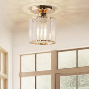 5 in.1-Light Gold Crystal Cylinder Semi Flush Mount Ceiling Light for Foyer Closet Entryway Kitchen Bedroom Dining Room