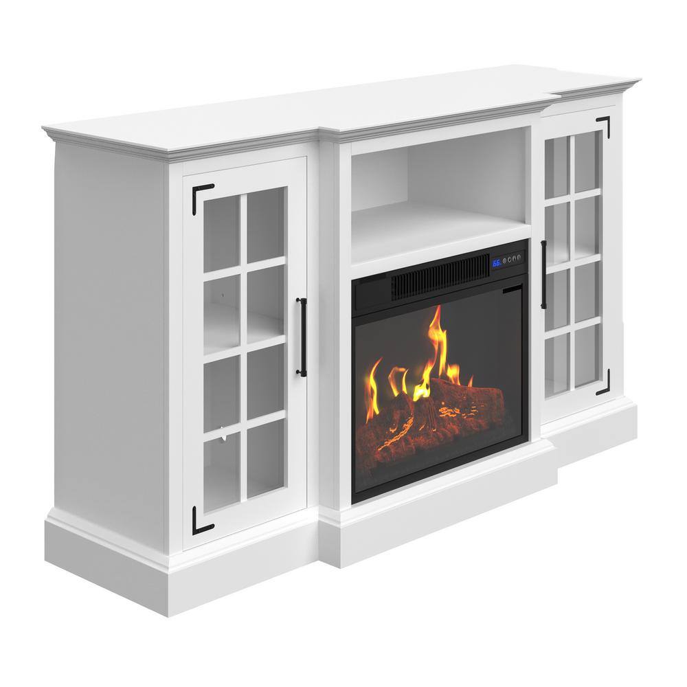 White 65-Inch TV Stand with Electric Fireplace and Cabinets