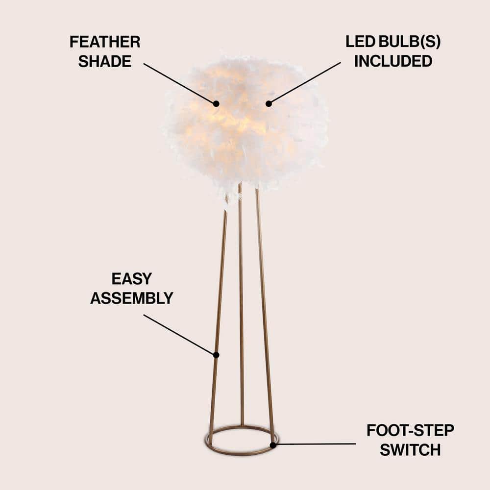Glam 52" Arc White Feather Globe Shade Floor Lamp in Gold