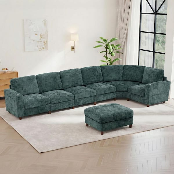 Dean Modern 159 in. 7-Piece Chenille Curved Modular Sectional Sofa in Green with Storage Ottoman, Cup Holders