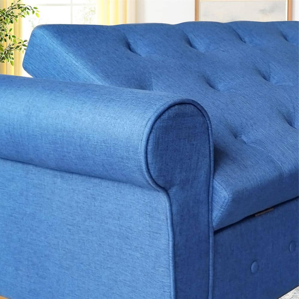 Blue Linen Tufted Storage Bench with Rolled Arms