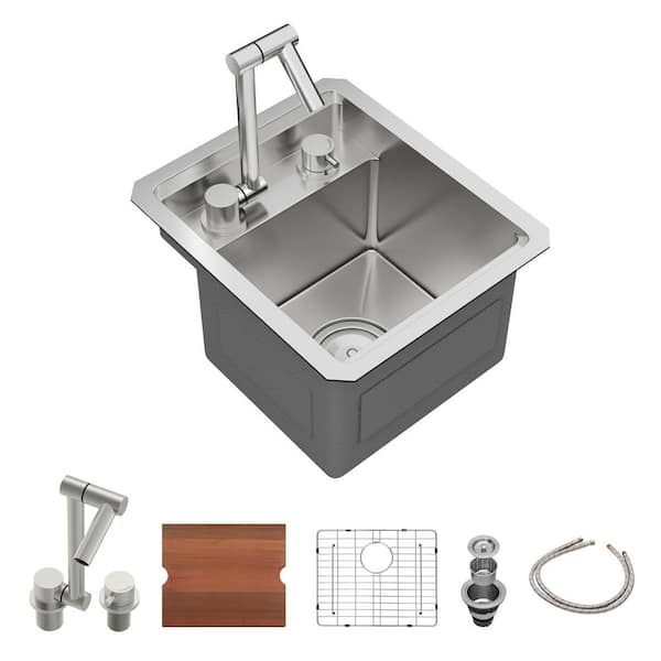 13 in. Undermount Single Bowl 16 Gauge Brushed Nickel Stainless Steel Kitchen Sink with Folding Faucet, Cutting Board