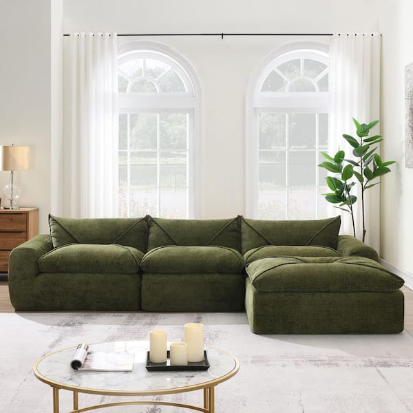 Luxury Collection 116 in. Round Arm 4-piece L-Shaped Chenille Sectional Sofa in. Green, No Assembly Required