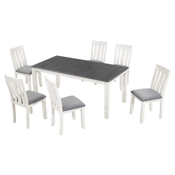 7-Piece Retro White/gray Extendable Wood Top Dining Room Set Seats 6