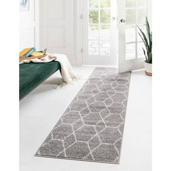 Trellis Frieze Collection Area Rug - Geometric (2 ft.  x 10 ft. Runner Light Gray/Ivory)