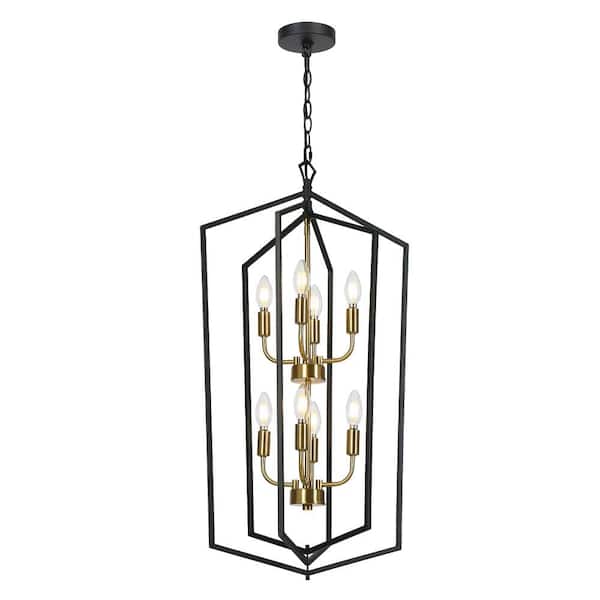 Traditional 8-Light Black Chandelier, Farmhouse Brass Caged Hanging Light, Tiered Kitchen Island Pendant Light for Foyer