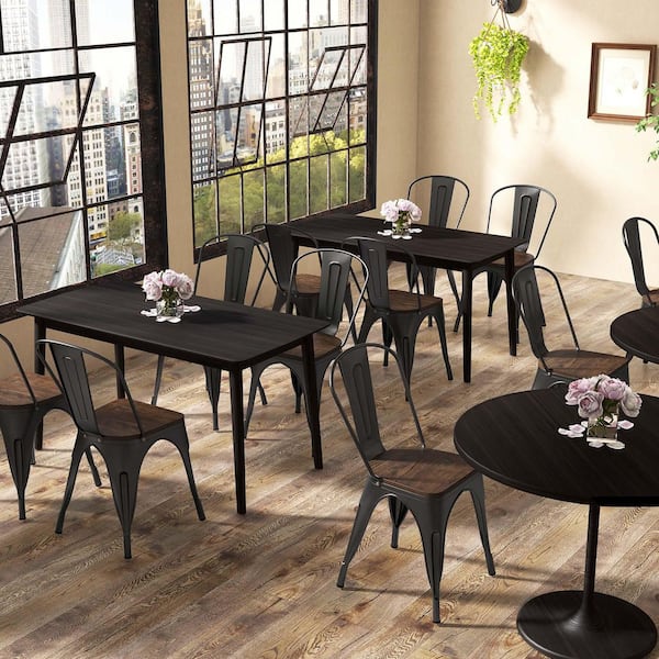 Tolix Style Metal Dining Chairs (Set of 4) w/ Wood Seat and Removable Backrest Black