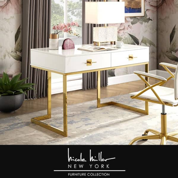 70.9 Modern Office Desk, White Executive Desk with Gold Metal Frame Mercer41