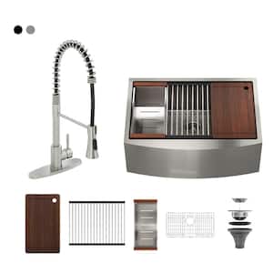 Stainless Steel 33 in. Single Bowl Farmhouse Apron Workstation Kitchen Sink with Brushed Nickel Pull Down Kitchen Faucet