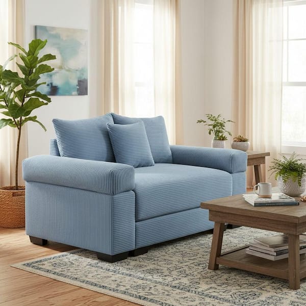 ZCHYJH 54.3 in. Pillow Top Arm Corduroy Curved Minimalist Style Sofa w/ Cushions in Muted Denim Blue and Light Sapphire