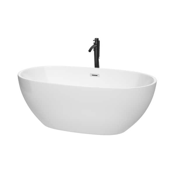 Wyndham Collection Juno 63 in. Acrylic Flatbottom Bathtub in White with Polished Chrome Trim and Matte Black Faucet