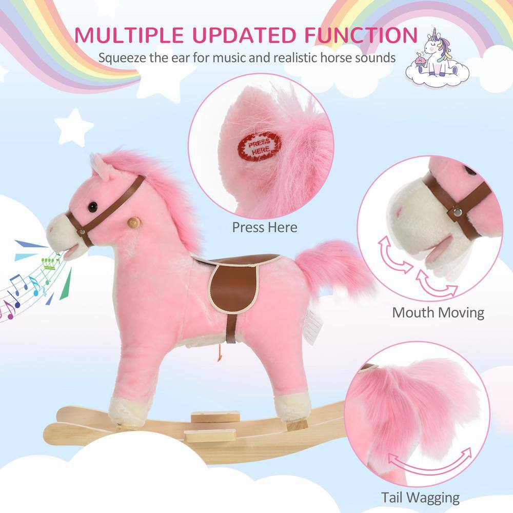 Pink Plush Rocking Horse with Wooden Base and Sounds