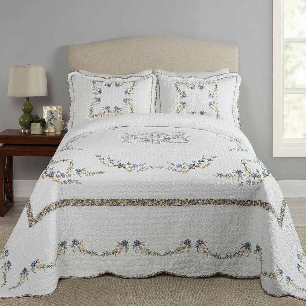 Heather King Size White and Blue Embroidered Cotton Sham