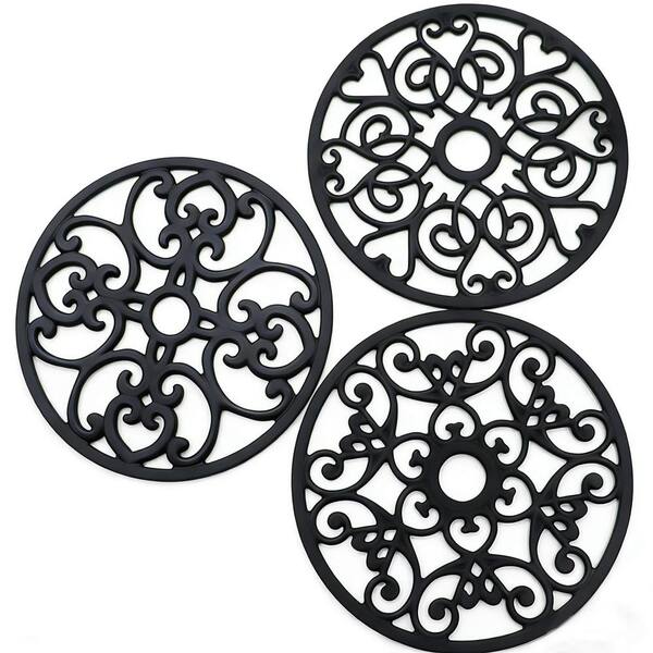 Black Silicone Round Hollow Floral Trivet Mat Set for Hot Dishes Pots Pans Teapot, 3-Piece