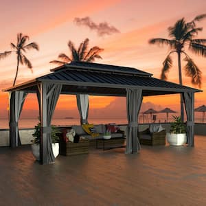 20 ft. x 12 ft. Aluminum Double Hardtop Gazebo with Grey Curtains and Netting
