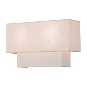 Meridian 13 in. English Bronze ADA Sconce with Oatmeal Color Fabric Shade