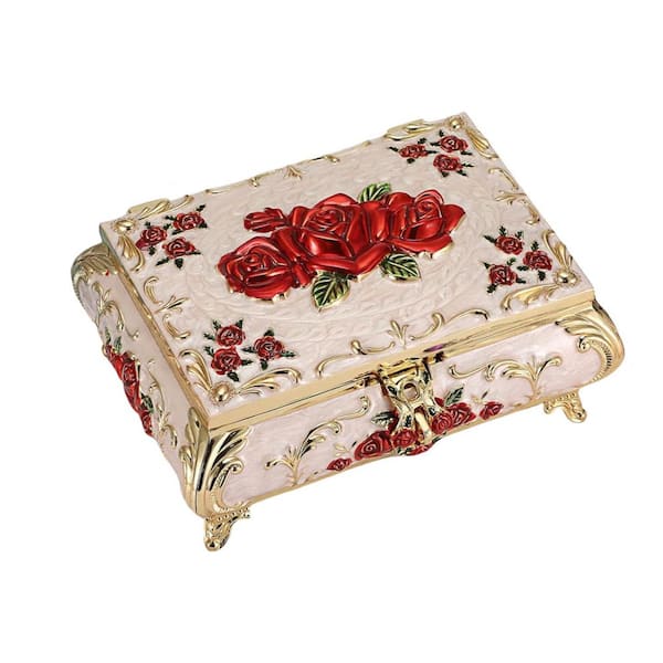 Beige Metal Decorative Jewelry Box Vintage Treasure Chest Case Ornate Trinket Organizer Storage Box