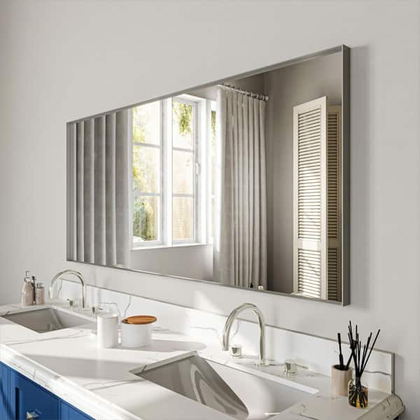 60 in. H x 28 in. W Silver Aluminum Rectangle Framed Tempered Glass Wall-Mounted Bathroom Mirror