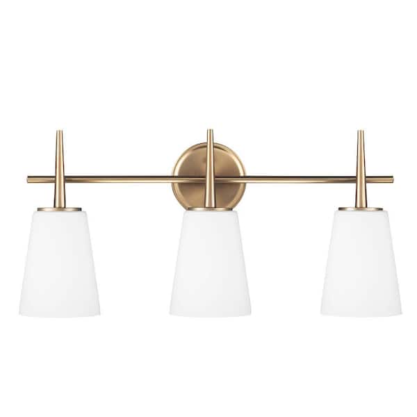 Generation Lighting Driscoll 24.5 in. 3-Light Contemporary Modern Satin Brass Wall Bathroom Vanity Light with White Etched Glass