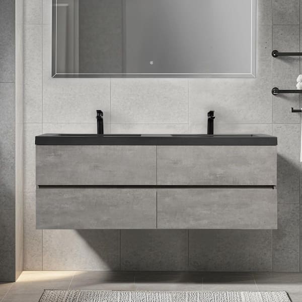 60 in. Wall-Mounted Floating Bath Vanity with Double Black Quartz Sink Top in Grey