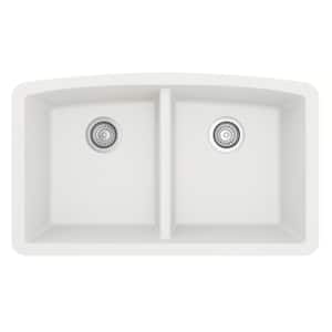 Undermount Quartz Composite 32 in. 50/50 Double Bowl Kitchen Sink in White