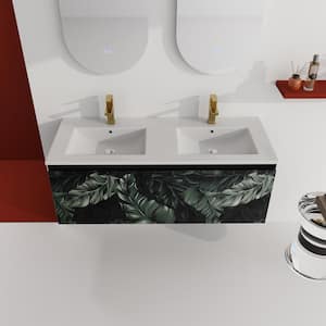 Victoria 48 in. W Wall-Mounted Modern Design Double Sink Bath Vanity with Ceramic Top in White and Cabinet in Black